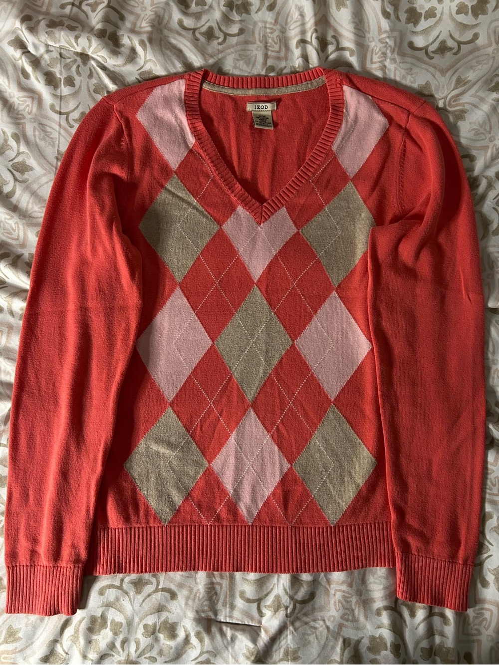 Izod Coral V-Neck Sweater with Tan Trim